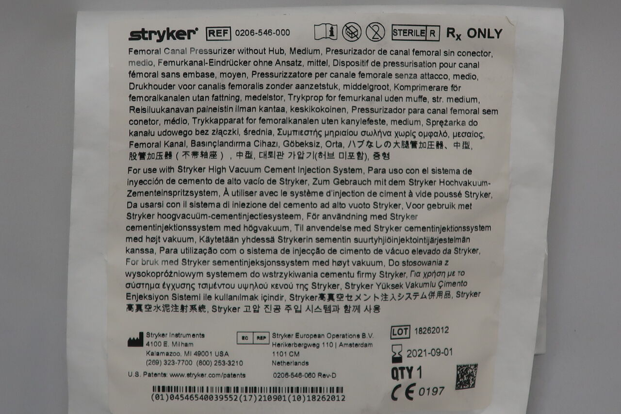 0206-546-000 - STRYKER - Femoral Canal Pressurizer w/o Hub, Medium, () - ( Expiry Date: 2021-09-01 )