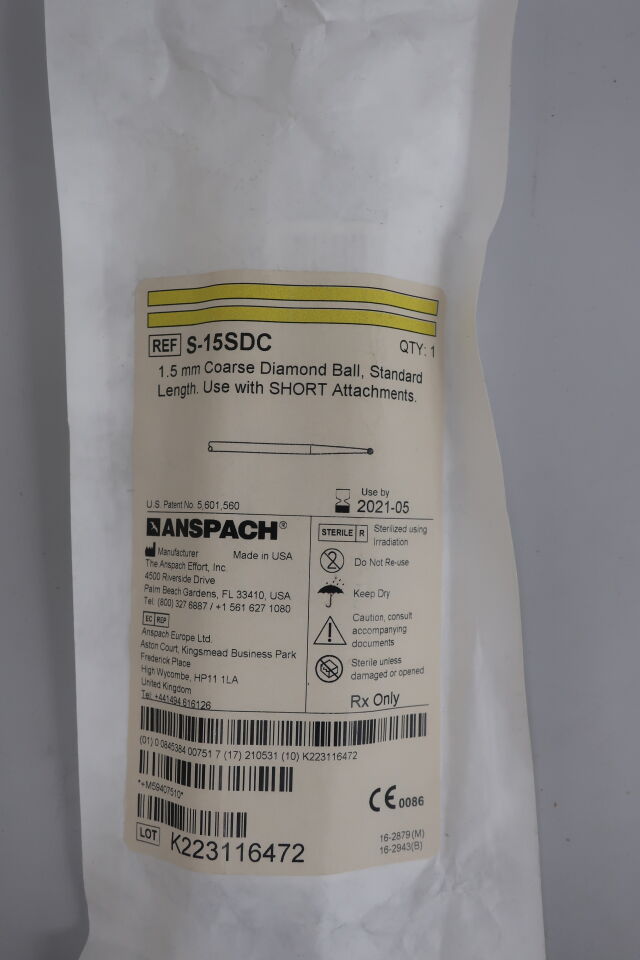 S-15SDC - ANSPACH - 1.5 mm Coarse Diamond Ball, Standard Length. Use with SHORT Attachment., () - ( Expiry Date: 2023-02-24 )