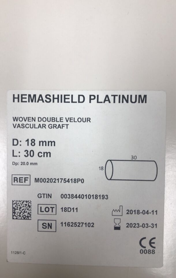 M00202175418P0 - MAQUET - Hemashield Platinum Woven Straight Double Velour Vascular Graft with Graft  18mm x 30cm, (BX/1) - ( Expiry Date: 2023-05-31 )