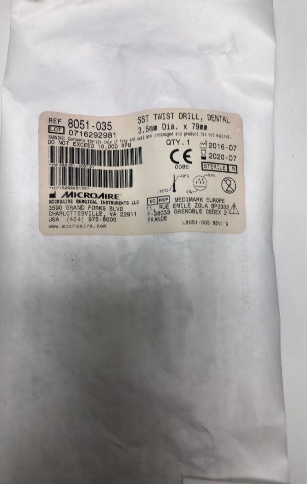 8051-035 - MICRO-AIRE - Sst twist drill, dental 3.5mm dia x 79mm, (EA) - ( Expiry Date: 2020-07-07 )