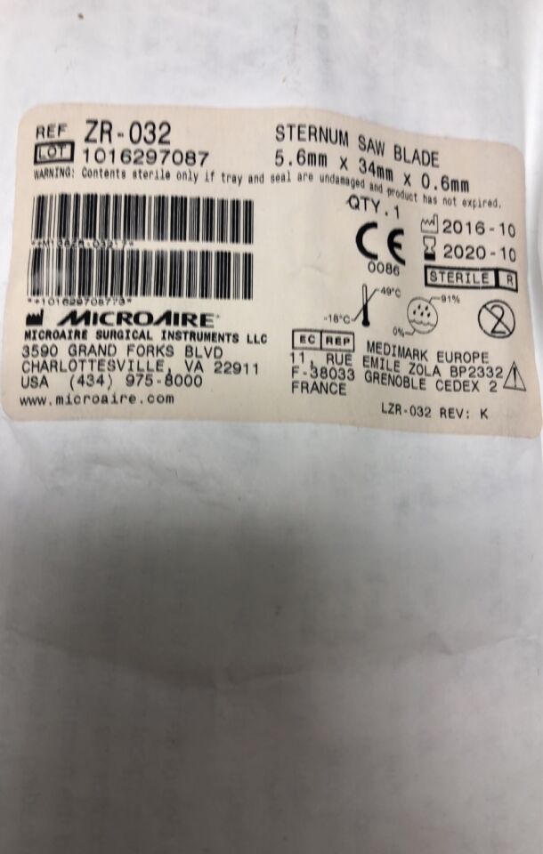 ZR-032 - MICRO-AIRE - Sternum saw blade 5.6mm x 34mm x 0.6mm, (EA) - ( Expiry Date: 2020-02-07 )