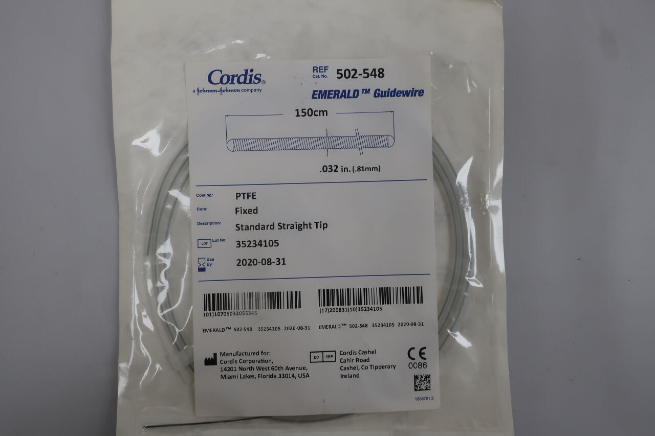502-548 - CORDIS - emerald fixed core guidewire 0.032" x 150cm, straight, 7cm flex end, (EA) - ( Expiry Date: 2020-08-31 )