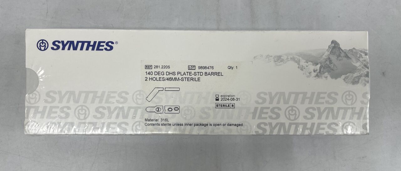 281.220S - SYNTHES - Stainless Steel DHS Plate with Standard Barrel, 46 mm Shaft Length, 2-Hole, 140° Angle, (BX/1) - ( Expiry Date: 2024-08-31 )