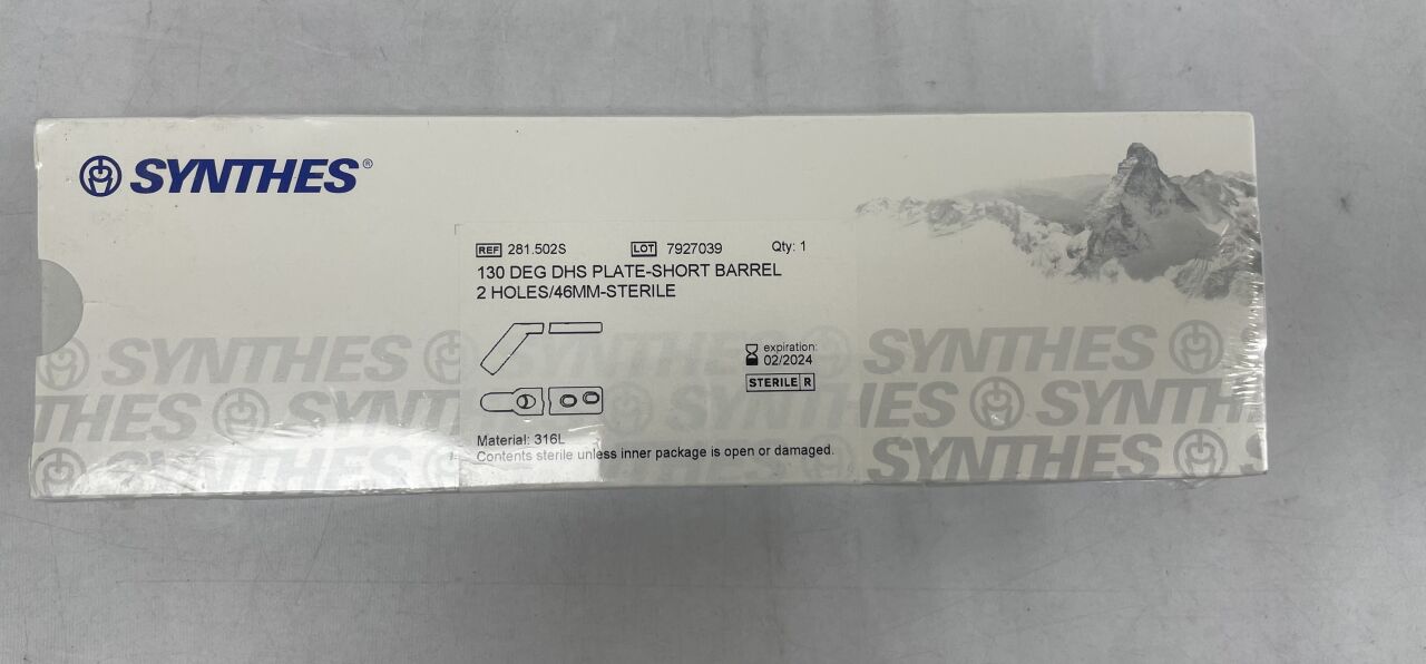 281.502S - SYNTHES - 130 deg dhs plate-short barrel 2 holes/46mm, (BX/1) - ( Expiry Date: 2024-02-01 )