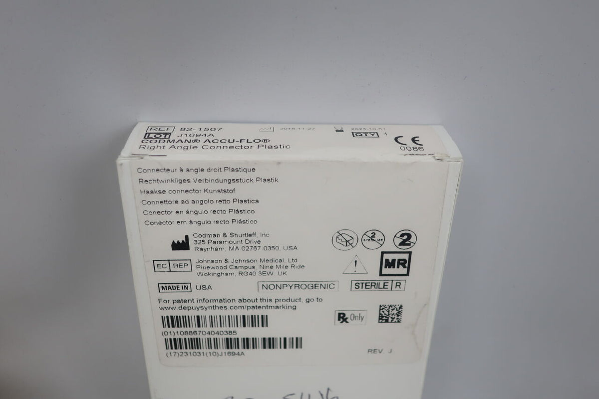 82-1507 - CODMAN - ACCU-FLO Right Angle Connector Plastic Cerebrospinal fluid shunt connector, (EA)