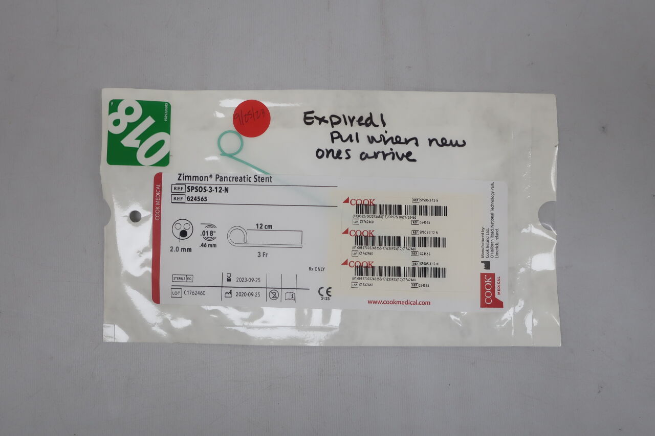 G24565 - COOK - Zimmon Pancreatic Stent Polymeric 12CMx3Fr, () - ( Expiry Date: 2023-09-25 )