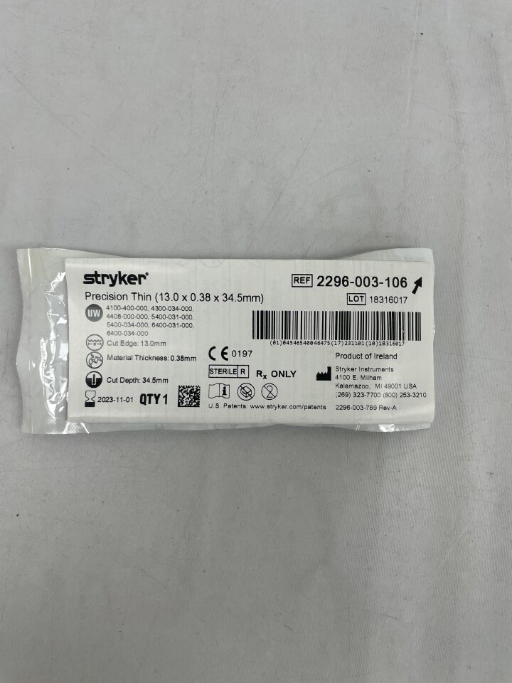 2296-003-106 - STRYKER - Precision Thin Blade, 34.5 L x 13 mm W, () - ( Expiry Date: 2023-11-01 )
