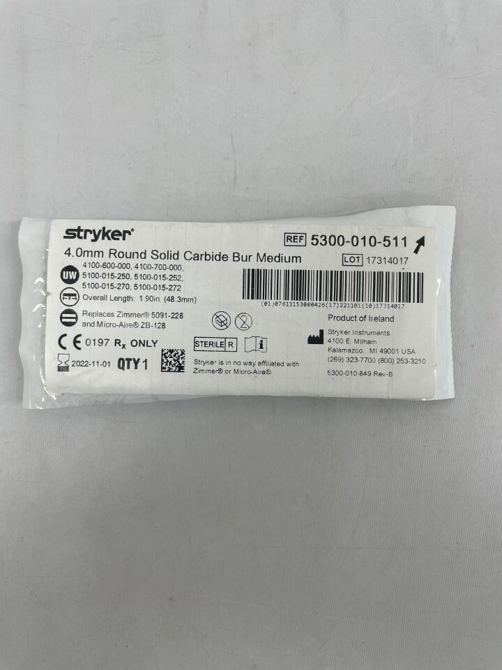 5300-010-511 - STRYKER - Fluted Solid Round Micro Burr, 4 mm Head Diameter, 48.3 mm Length, (EA) - ( Expiry Date: 2022-11-01 )