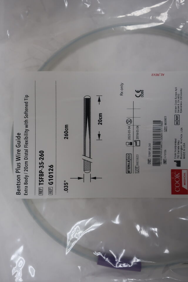 G10126 - COOK - Bentson Plus Wire Guide - Extra Body - 20cm Distal Flexibility with Softened Tip - TSFBP-35-260 - .035" x 260cm, (EA) - ( Expiry Date: 2023-05-04 )