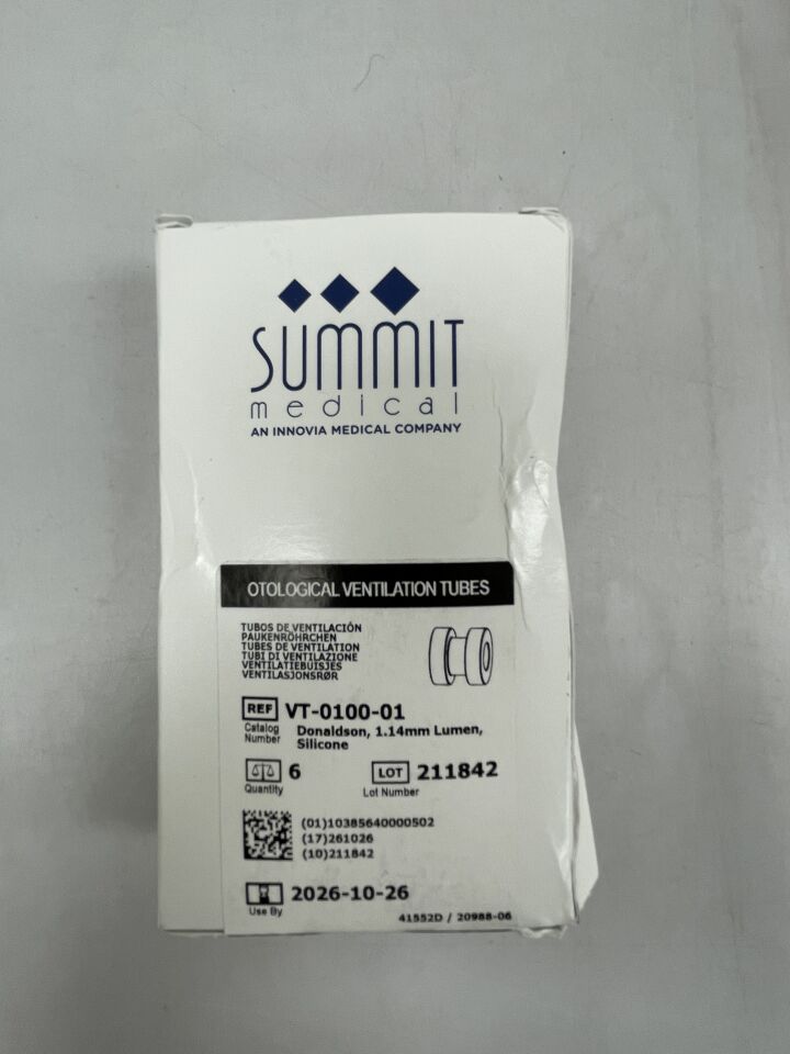 VT-0100-01  -  SUMMIT MEDICAL  -  Otological Ventilation Tube Donaldson 1.14mm Luman Silicone , ( BX/6 )  -  ( Expiry Date : 2026-10-26 )