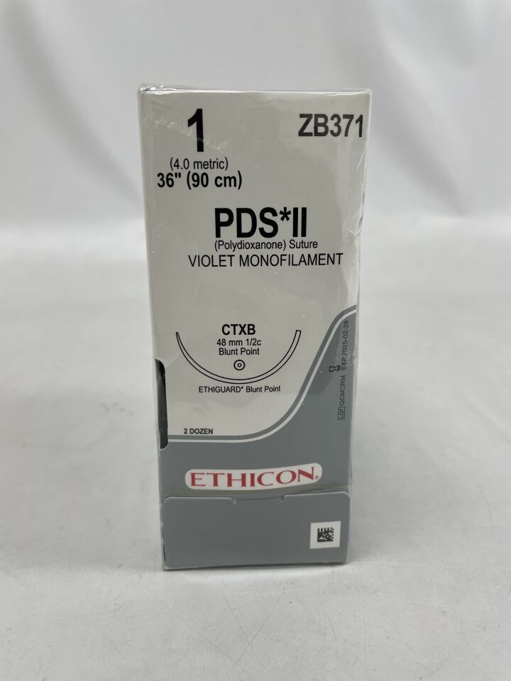 ZB371 - ETHICON - PDS II 可吸收單絲聚二氧雜環己酮縫合線，1 號，36 英吋長，CTXB 針，（BX/24）-（有效期至：2025-02-28）
