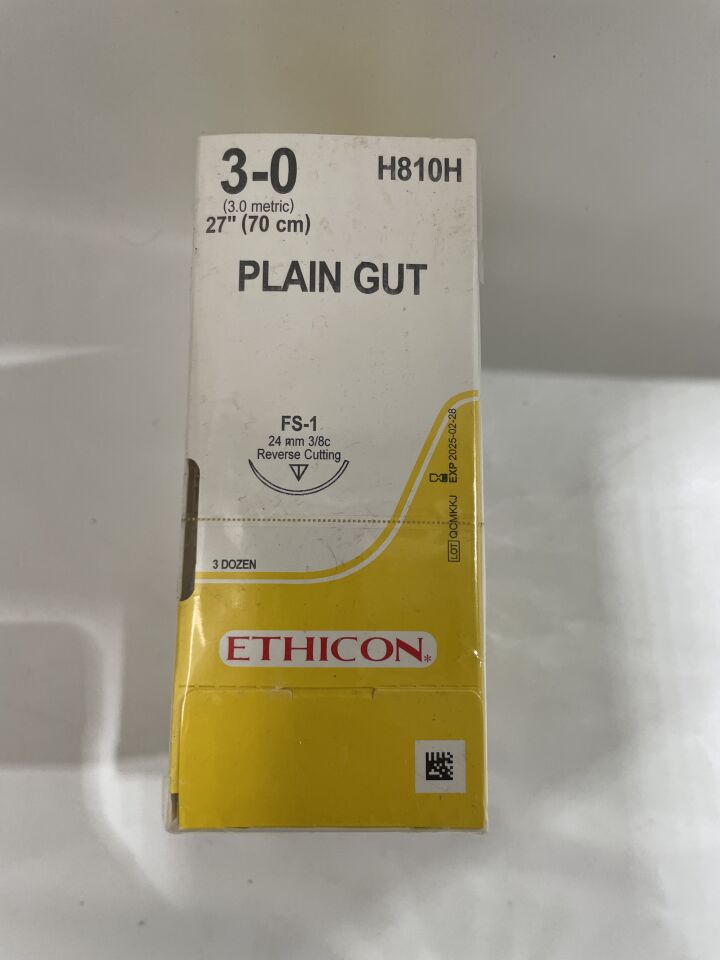 H810H - ETHICON - 腸線單絲縫合線，3-0號，27吋長，FS-1針，（BX/36）-（有效期至：2025-02-28）