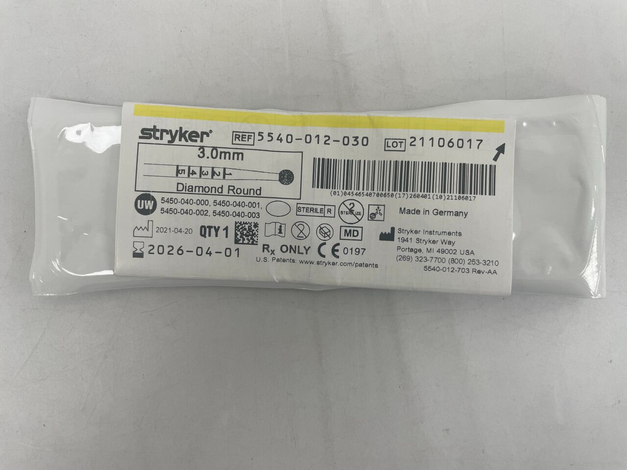 5540012030  -  STRYKER  -  Cranial bur 3.0mm Diamond Round , ( EA )  -  ( Expiry Date : 2026-04-01 )