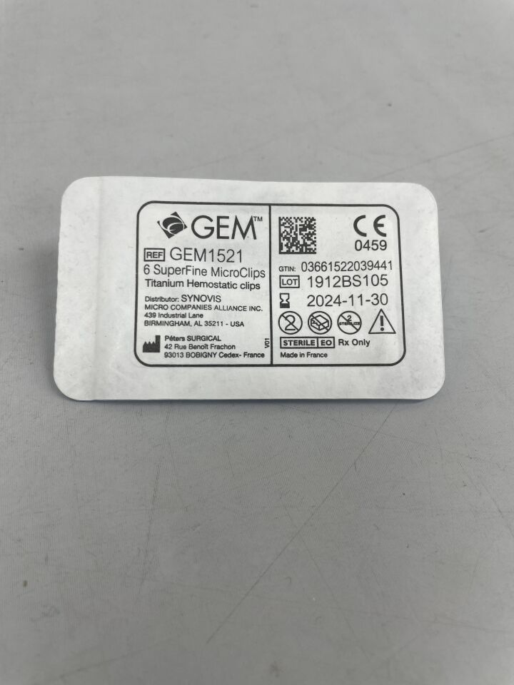GEM1521 - PETERS SURGICAL - Synovis GEM Ti Hemostatic SuperFine MicroClip: 6 clips por cartucho (unidades) - (Fecha de caducidad: 28/02/2025)