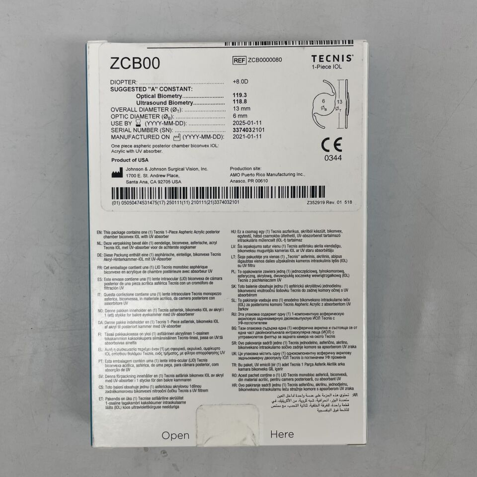 ZCB0000080 - JOHNSON &amp; JOHNSON - Lente intraocular de cámara posterior monocromática transparente de 6,0 mm y 8,0 D (1 unidad) - (Fecha de caducidad: 01/02/2025)