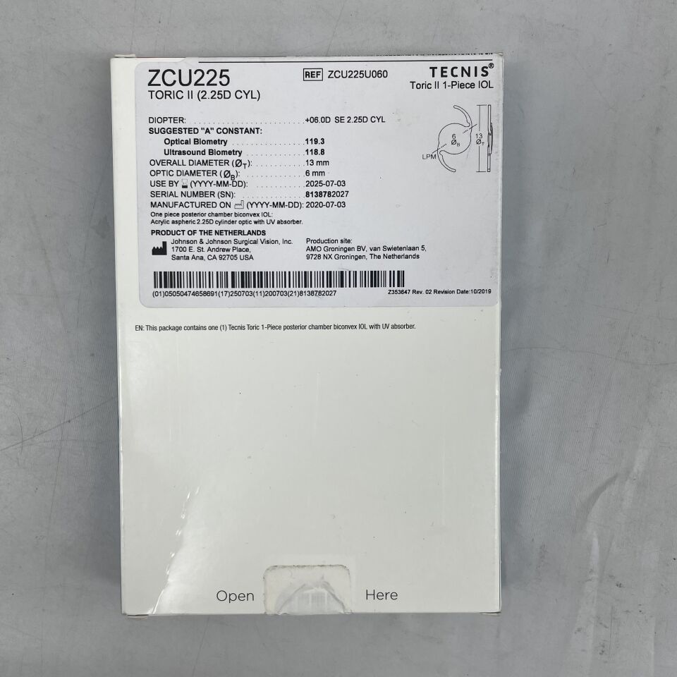 ZCU225U060 - JOHNSON &amp; JOHNSON - TORIC II 1-PC 06.0D CYL2.25, Lente intraocular de cámara posterior, ( BX/1 ) - ( Fecha de caducidad : 2025-07-03 )