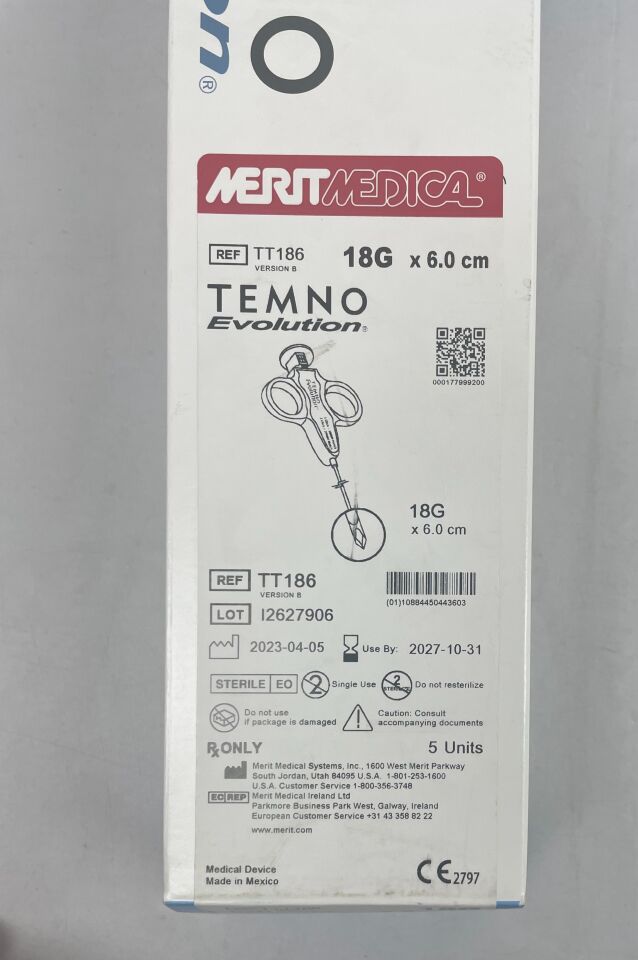 TT186 - MERIT - Aguja de biopsia de tejidos blandos Temno Evolution, calibre 18 G, longitud de 6 cm, (caja de 5) - (Fecha de caducidad: 31/10/2027)