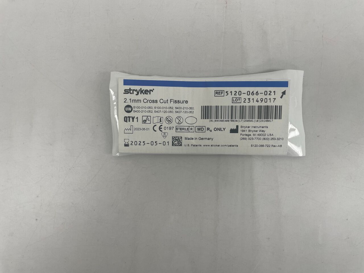 5120066021  -  STRYKER  -  Cranial bur 2.1mm Cross Cut Fissure , ( EA )  -  ( Expiry Date : 2025-05-01 )