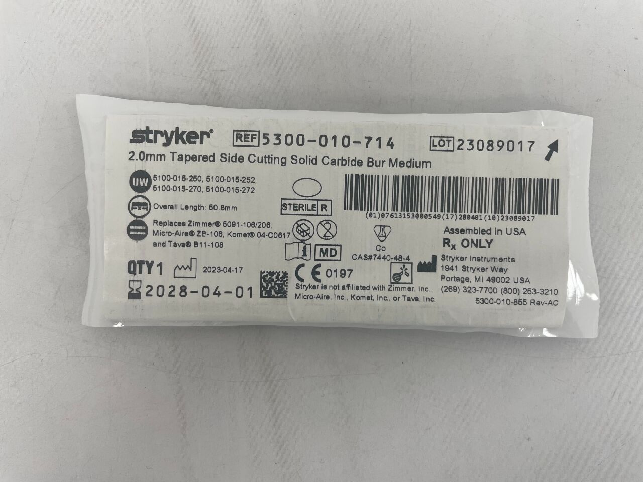 5300010714  -  STRYKER  -  Carbide Bur 2.0mm Tapered Side Cutting Solid Medium , ( EA )  -  ( Expiry Date : 2028-04-01 )