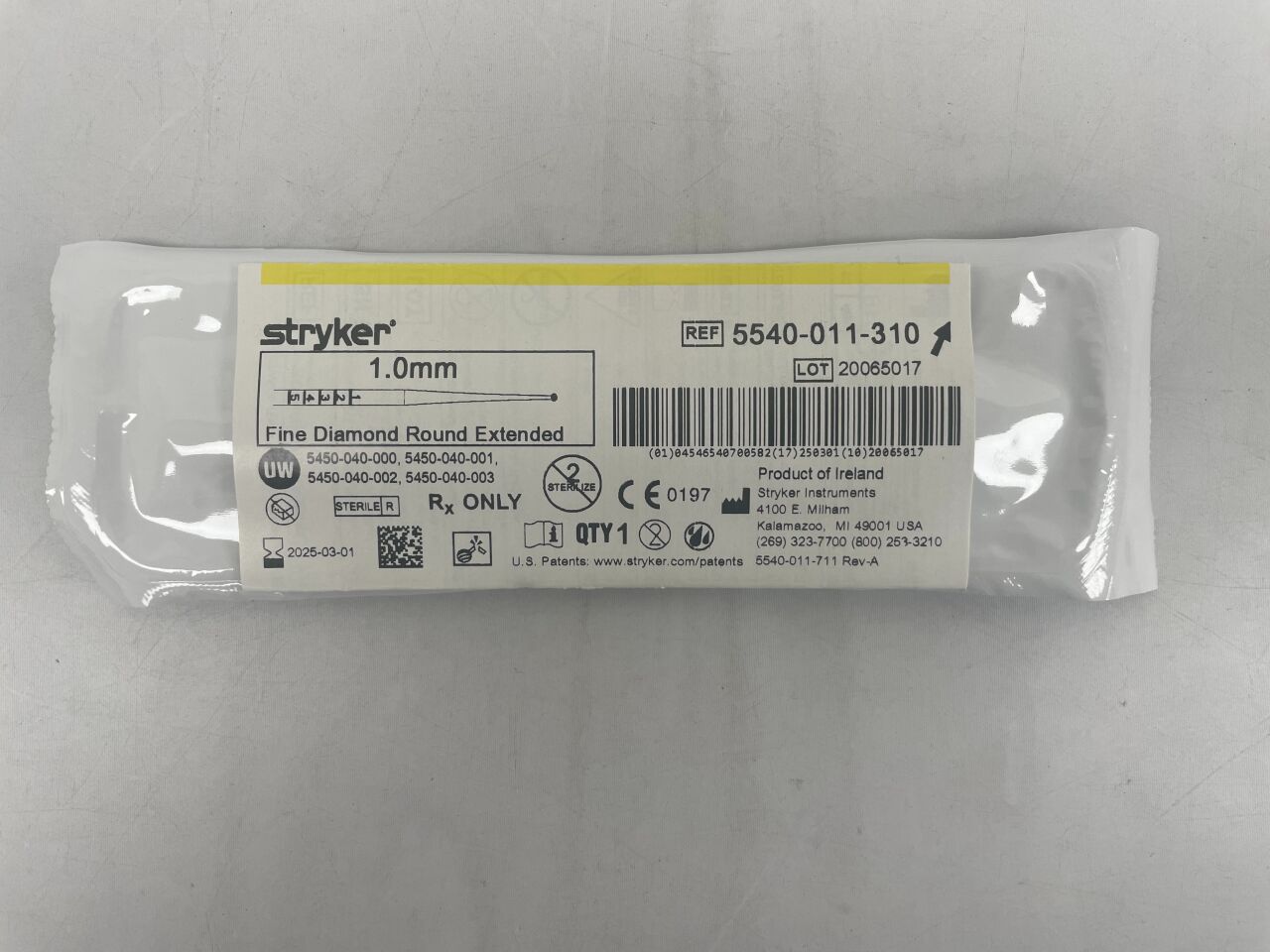 5540011310  -  STRYKER  -  Cranial bur 1.0mm Fine Diamond Round Extended , ( EA )  -  ( Expiry Date : 2025-03-01 )