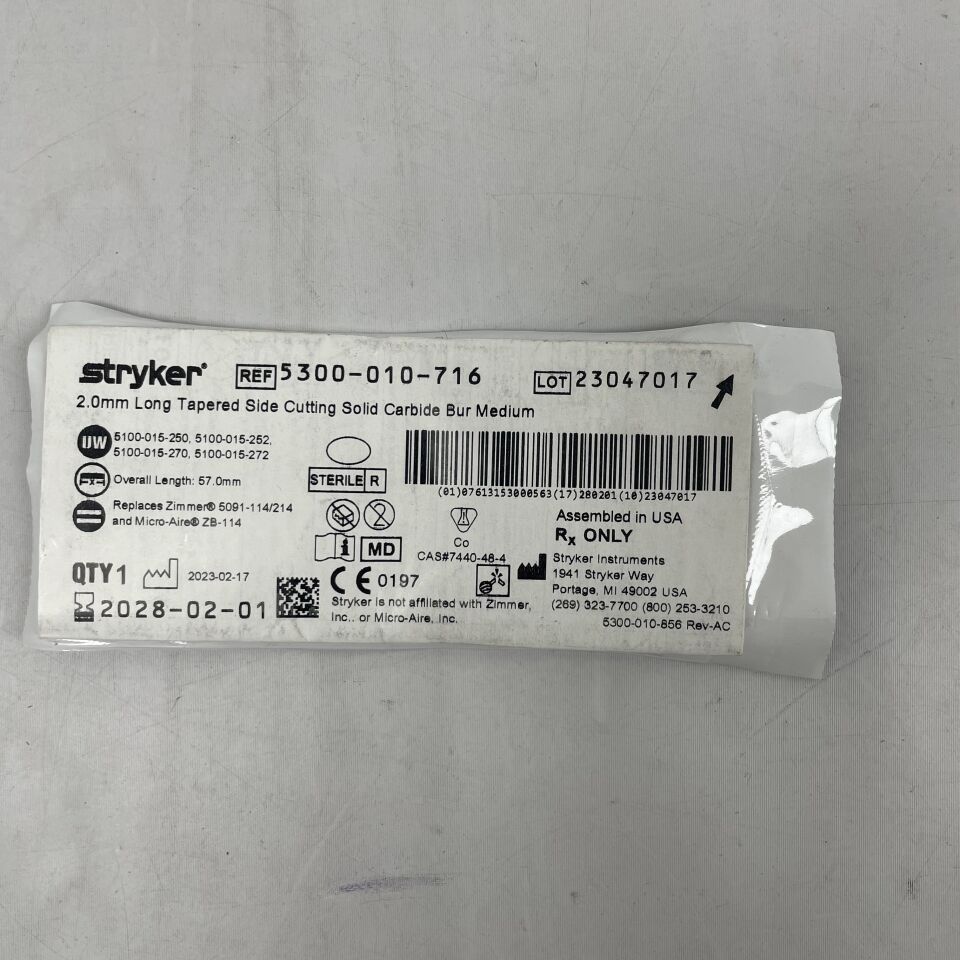 5300-010-716  -  STRYKER  -  2.0mm Long Tapered Side Cutting Solid Carbide Bur Medium , ( EA )  -  ( Expiry Date : 2028-02-01 )