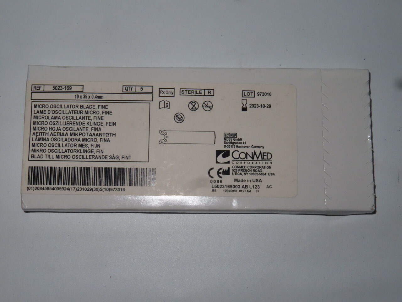 5023-169 - CONMED - Small Bone Straight Edge Oscillating Saw Blade, 35 L x 10 mm W x 0.4mm, fine, (BX/5) - ( Expiry Date: 2023-10-29 )