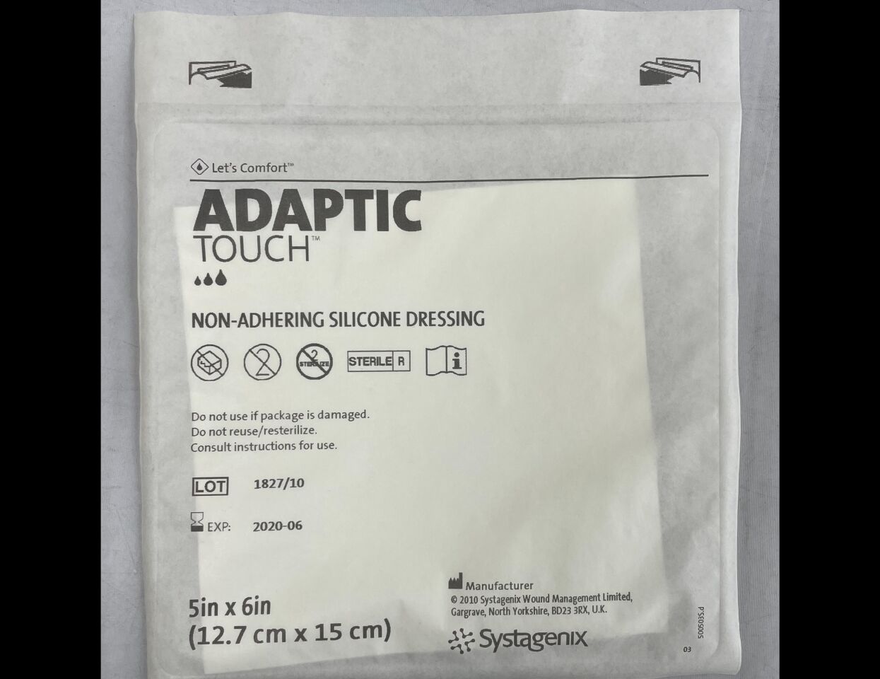500503 - SYSTAGENIX - Adaptic Touch, Non Adhering silicone dressing. 5in x 6in, (EA) - ( Expiry Date: 2020-06-01 )