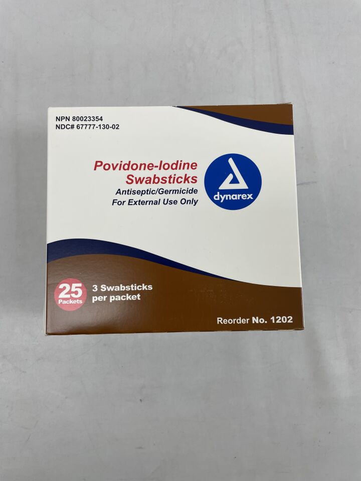 1202 - DYNAREX - Povidone-Iodine swabsticks - 3 per packet, 10% povidone-iodine solution, (BX/25) - ( Expiry Date: 2020-01-01 )