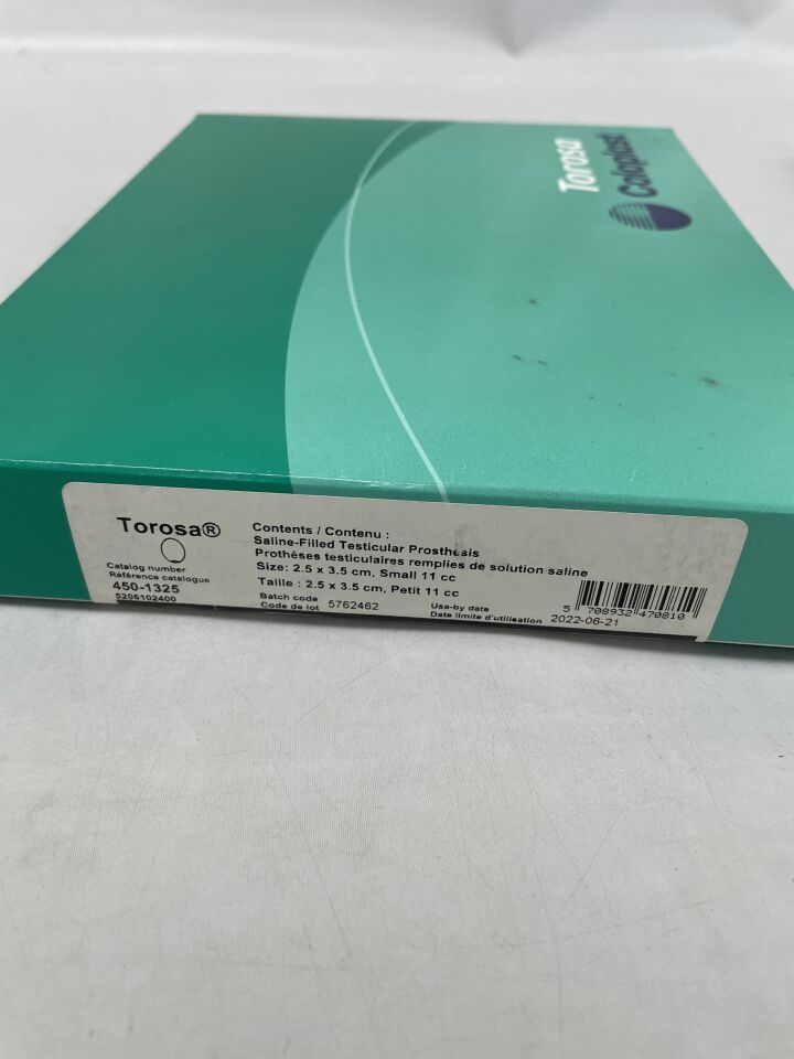 450-1325 - COLOPLAST - Torosa Saline Filled Testicular Prostheses, Small, 9 cc, 2.5 x 3.5 cm,, (BX/1) - ( Expiry Date: 2022-06-21 )