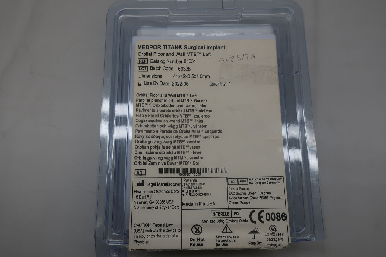 81031 - STRYKER - Medpor Titan Orbital Floor and Wall (OFW) 41mm x 42mm x 0.5mm, 1.0mm MTB Left
, () - ( Expiry Date: 2022-06-01 )