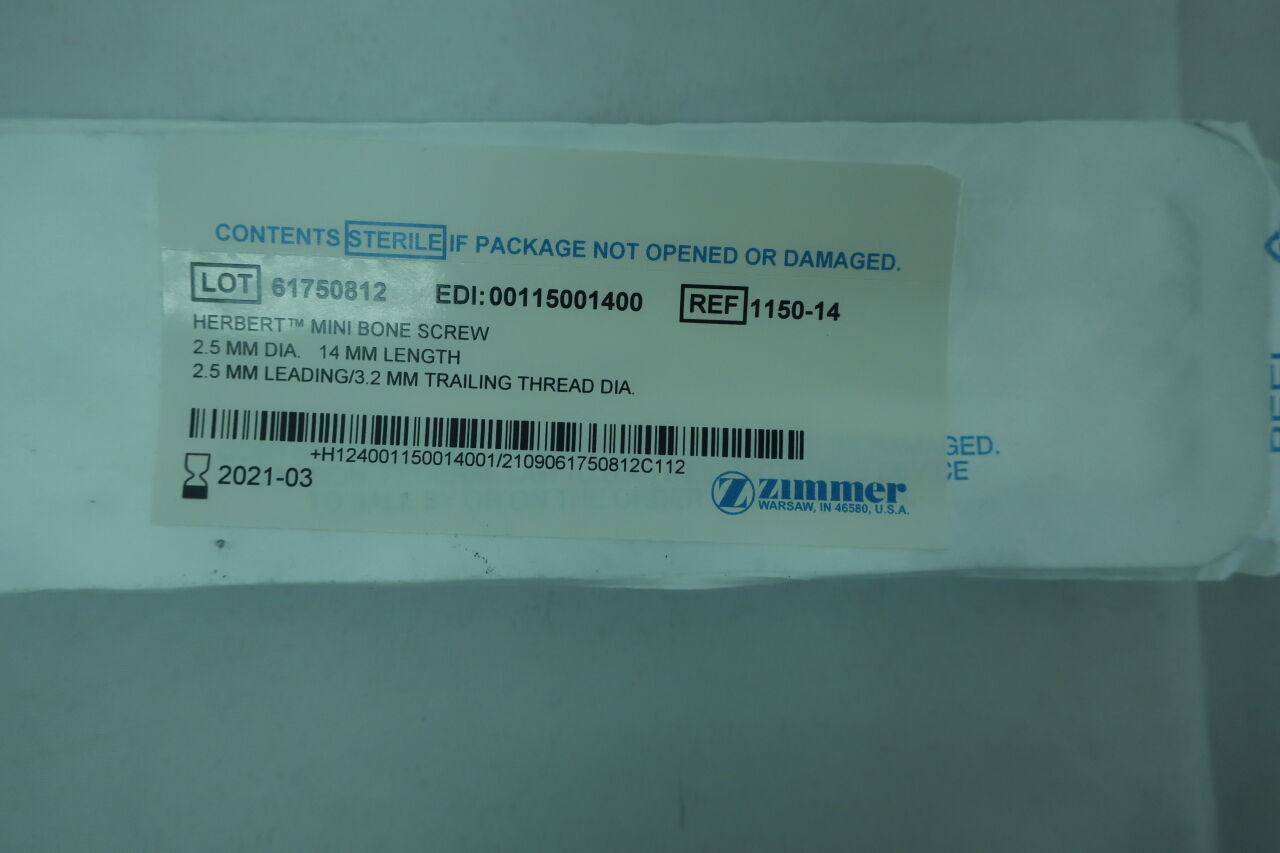 1150-14 - ZIMMER - Herbert Mini Bone Screw, 2.5 dia. x 14 mm Length, 2.5mm leading/3.2mm trailing thread dia., (EA) - ( Expiry Date: 2021-03-01 )