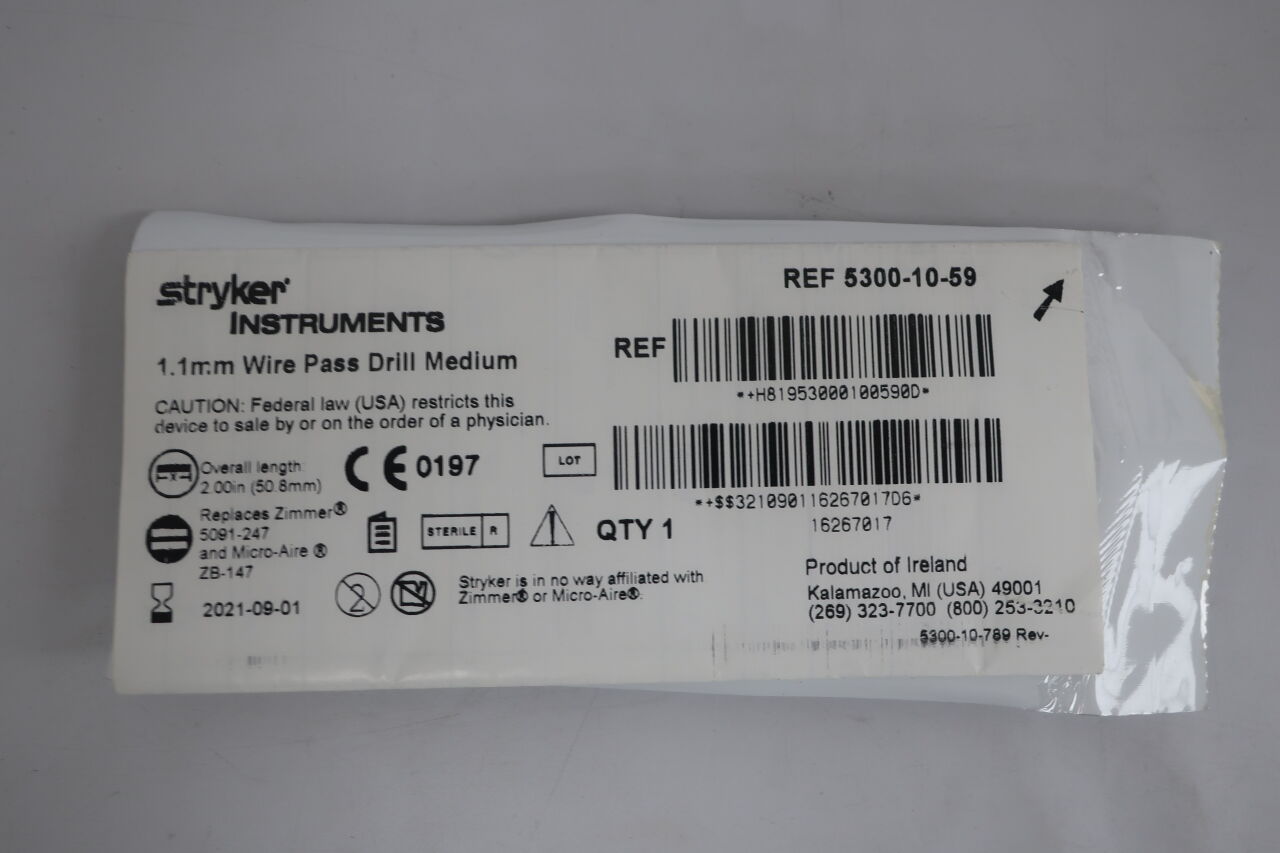 5300-10-59 - STRYKER - Wire pass drill, medium, 1.1mm dia x 4.8mm head, 50.8 length, (EA) - ( Expiry Date: 2021-09-01 )