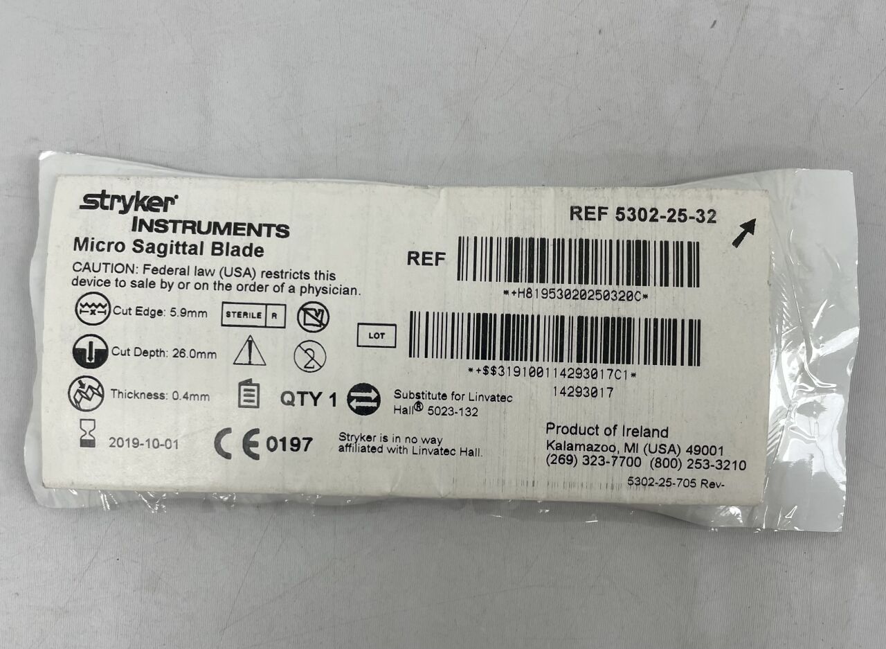 5302-25-32 - STRYKER - Micro Sagittal blade, 5.9MM X 26MM X 0.4MM, (EA) - ( Expiry Date: 2019-10-01 )