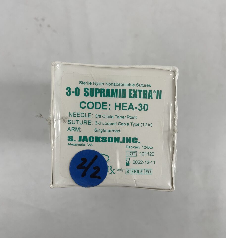HEA-30 - S JACKSON - SUTURE, 3-0 12" SUPRAMID EXTRA II SINGLE-ARMED LOOPED CABLE 3/8C TAPERPOINT, Green, (BX/12) - ( Expiry Date: 2022-11-22 )