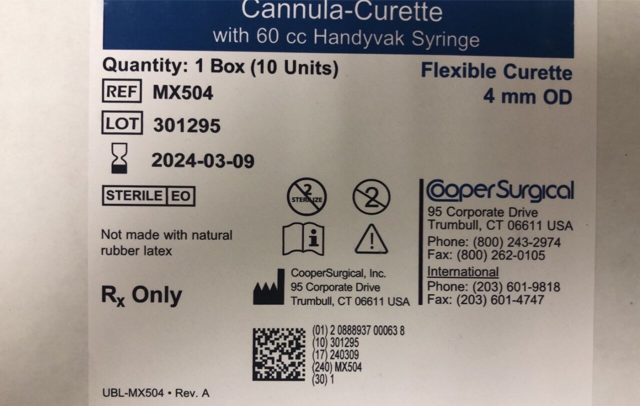 MX504 - COOPER SURGICAL - Cannula-Curette with 60cc Handyvak Syringe, Flexible Curette 4mm OD, (BX/10) - ( Expiry Date: 2024-03-09 )