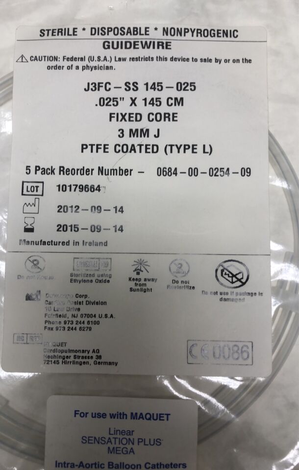 0684-00-0254-09 - MAQUET - Guidewire, .025” x 145cm fixed core 3MM J PTFE Coated, Type L, (EA) - ( Expiry Date: 2019-11-15 )