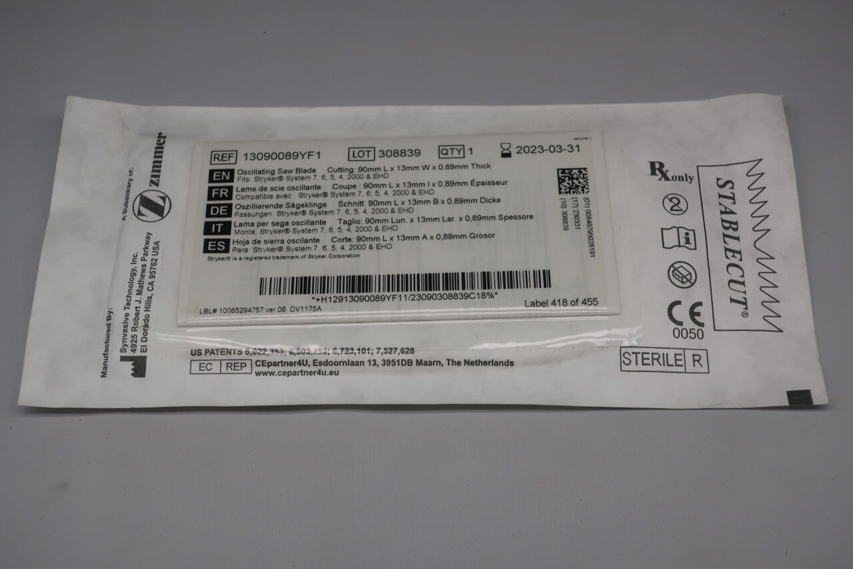 13090089YF1 - ZIMMER - Oscillating saw blade, 90mm L x 13mm W x 0.89mm thick, (EA)