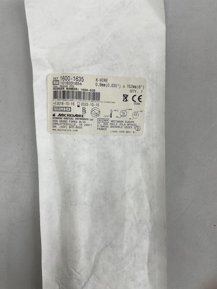 1600-1635 - MICRO-AIRE - K-WIRE DUAL TROCAR PTS, 0.9mm X 152mm, (EA) - ( Expiry Date: 2022-10-15 )