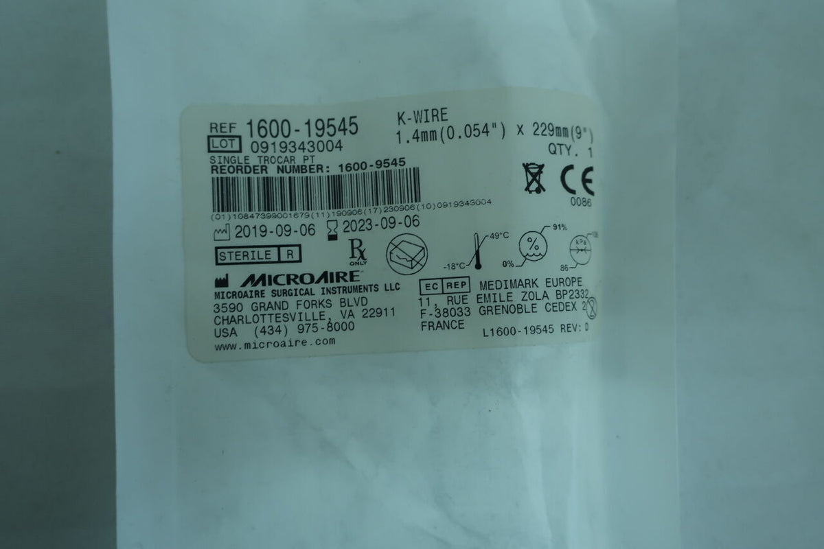 1600-19545 - MICRO-AIRE - K-WIRE SINGLE TROCAR PTS, 1.4mm X 229mm, (EA)