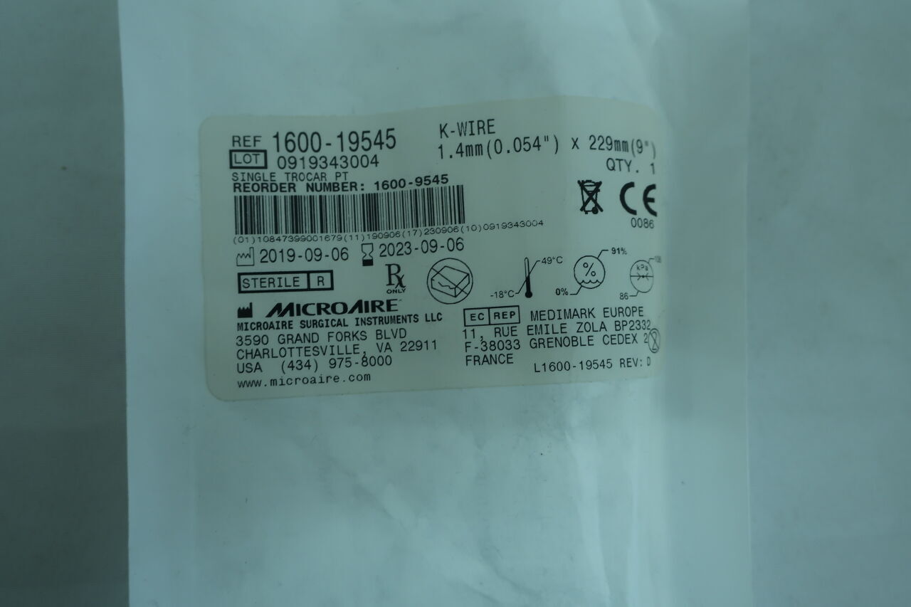 1600-19545 - MICRO-AIRE - K-WIRE SINGLE TROCAR PTS, 1.4mm X 229mm, (EA) - ( Expiry Date: 2023-09-06 )