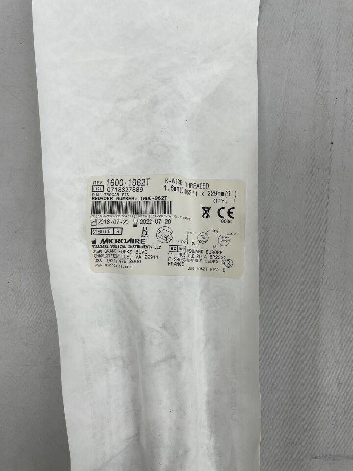 1600-1962T - MICRO-AIRE - K-Wire Threaded, Dual Trocar PTS  1.6mm x 229mm, (EA) - ( Expiry Date: 2022-07-20 )