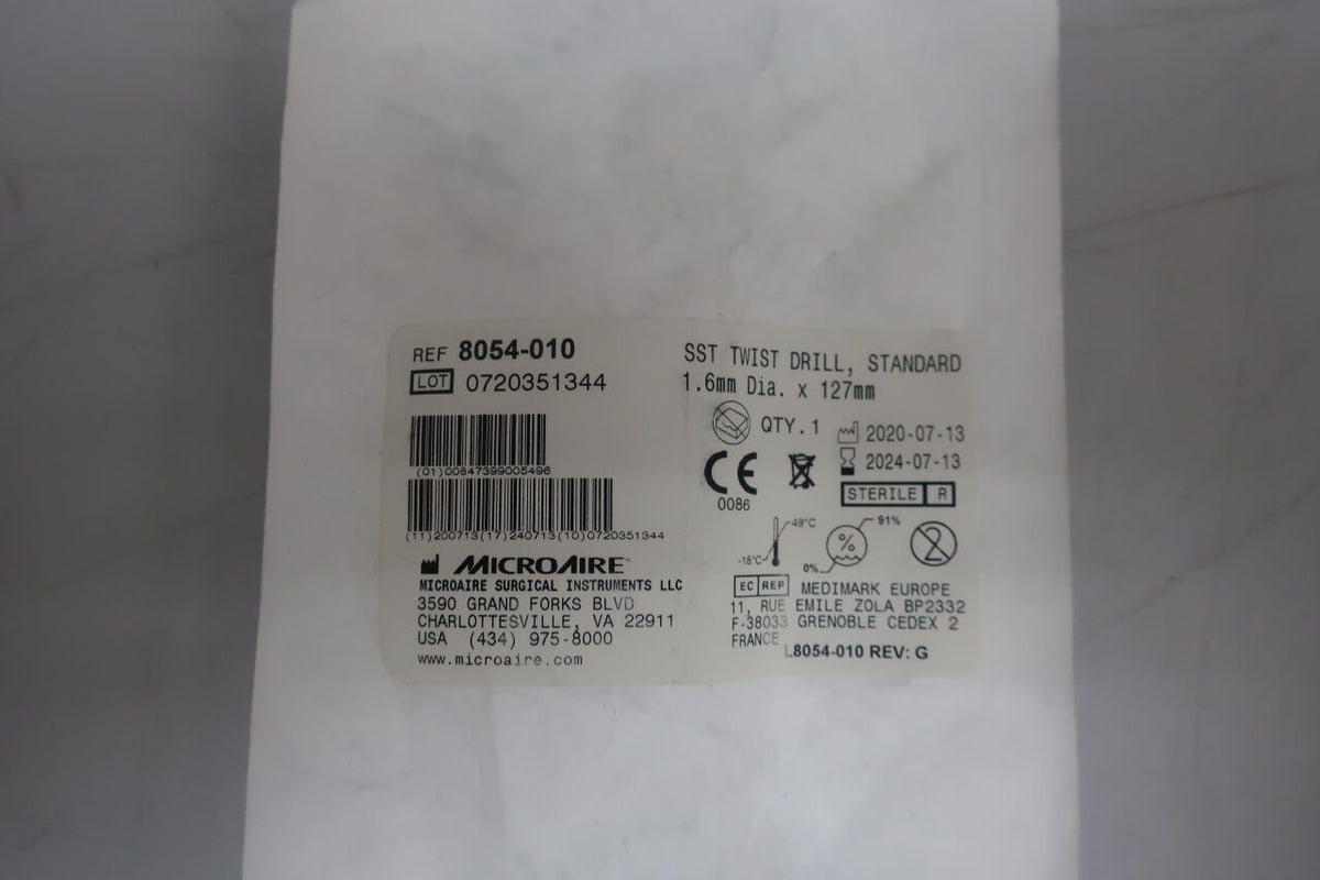 8054-010 - MICRO-AIRE - SST TWIST DRILL, STANDARD, 1.6mm Dia. x 127mm, (EA)