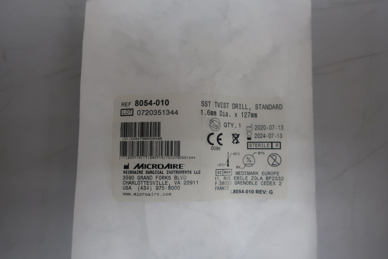 8054-010 - MICRO-AIRE - SST TWIST DRILL, STANDARD, 1.6mm Dia. x 127mm, (EA) - ( Expiry Date: 2024-03-16 )