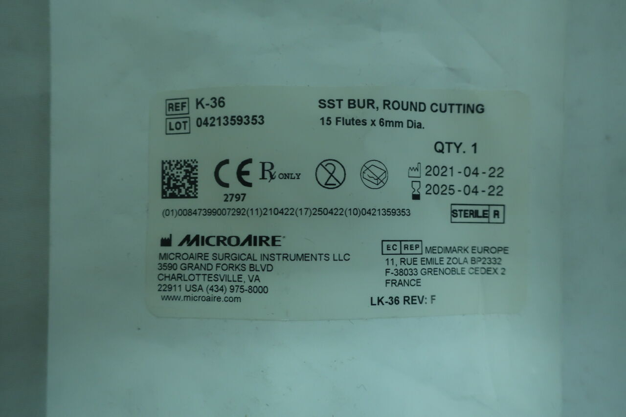 K-36 - MICRO-AIRE - SST Bur, Round Cutting, 15 flutes x 6mm diameter, (EA) - ( Expiry Date: 2023-05-01 )