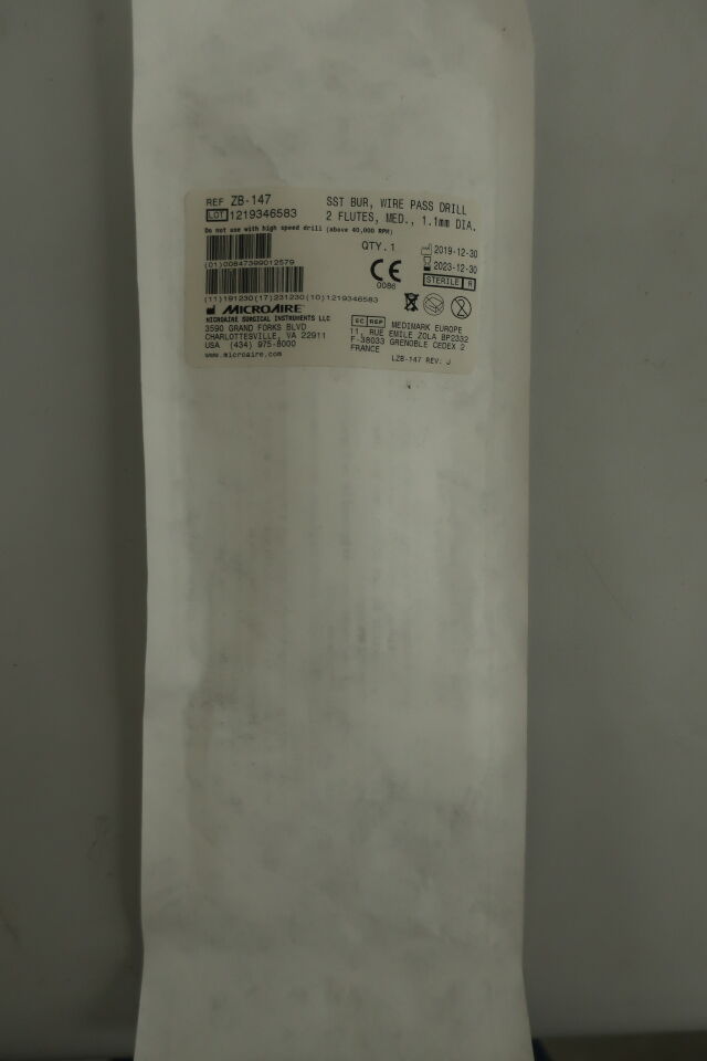 ZB-147 - MICRO-AIRE - SST BUR, WIRE PASS DRILL, 2 FLUTES, MED., 1.1mm DIA, (EA) - ( Expiry Date: 2023-12-30 )