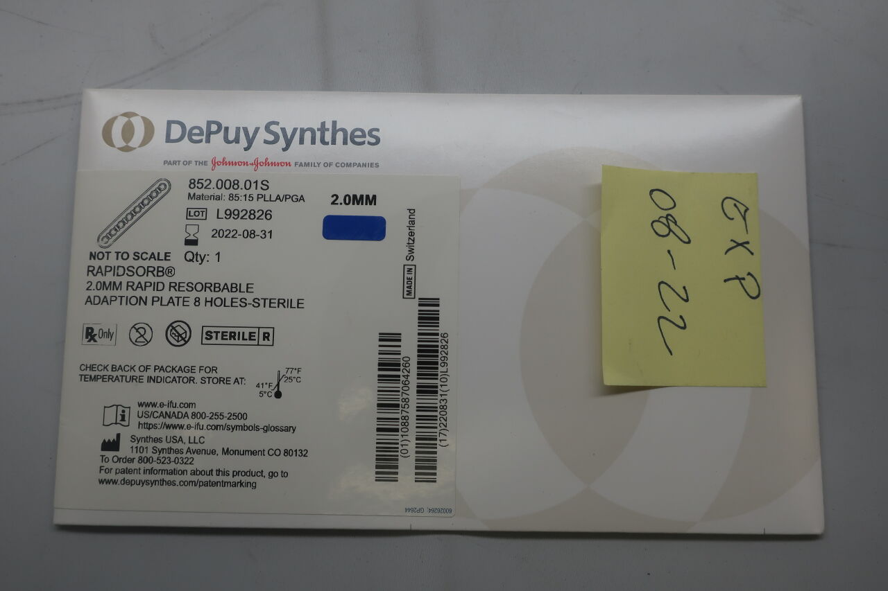 852.008.01S - SYNTHES - Rapidsorb 2.0MM RAPID RESORBABLE ADAPTION PLATE, 8 HOLES, (EA) - ( Expiry Date: 2022-08-31 )
