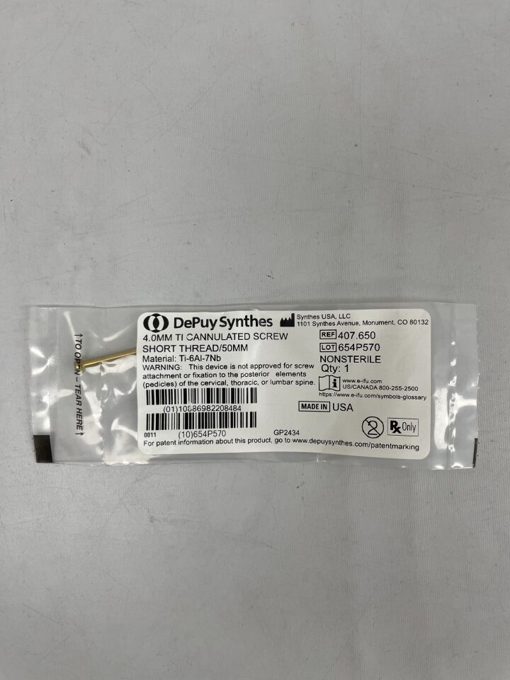 407.65 - SYNTHES - Cannulated Screw, 4 mm dia. x 50 mm Length, Titanium, Short Thread, 2 mm Increments, (EA) - ( Expiry Date: 2022-09-30 )