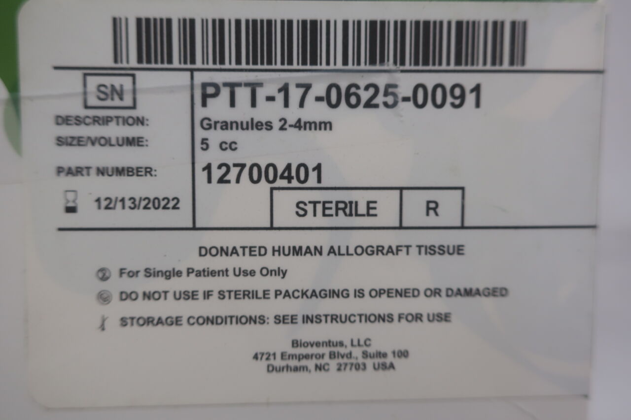 12700401 - BIOVENTUS - Osteoamp Donated Human Tissue Allograft, Granules 2-4mm, 5cc, (BX/1) - ( Expiry Date: 2022-12-13 )