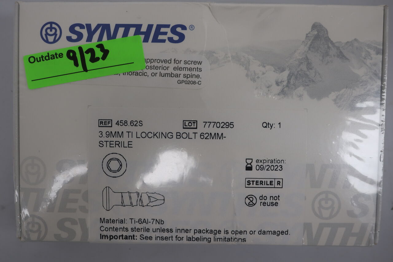 458.62S - SYNTHES - LOCKING BOLT, titanium, 3.9mm x 62mm, (BX/1) - ( Expiry Date: 2023-09-30 )