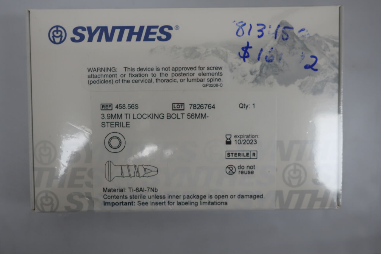 458.56S - SYNTHES - LOCKING BOLT, titanium, 3.9mm x 56mm, (BX/1) - ( Expiry Date: 2023-10-31 )
